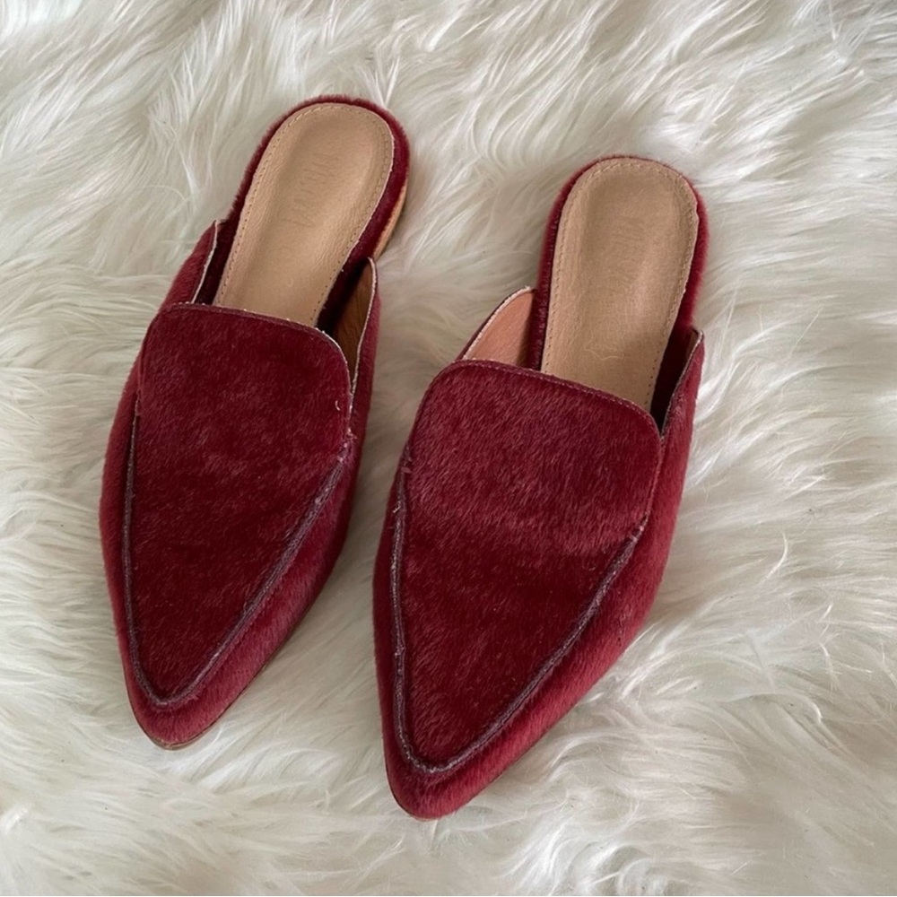 Mi.iM | Women’s Zink Pointed Toe Faux Calf Hair Mules Red Wine Flats Pony Slide